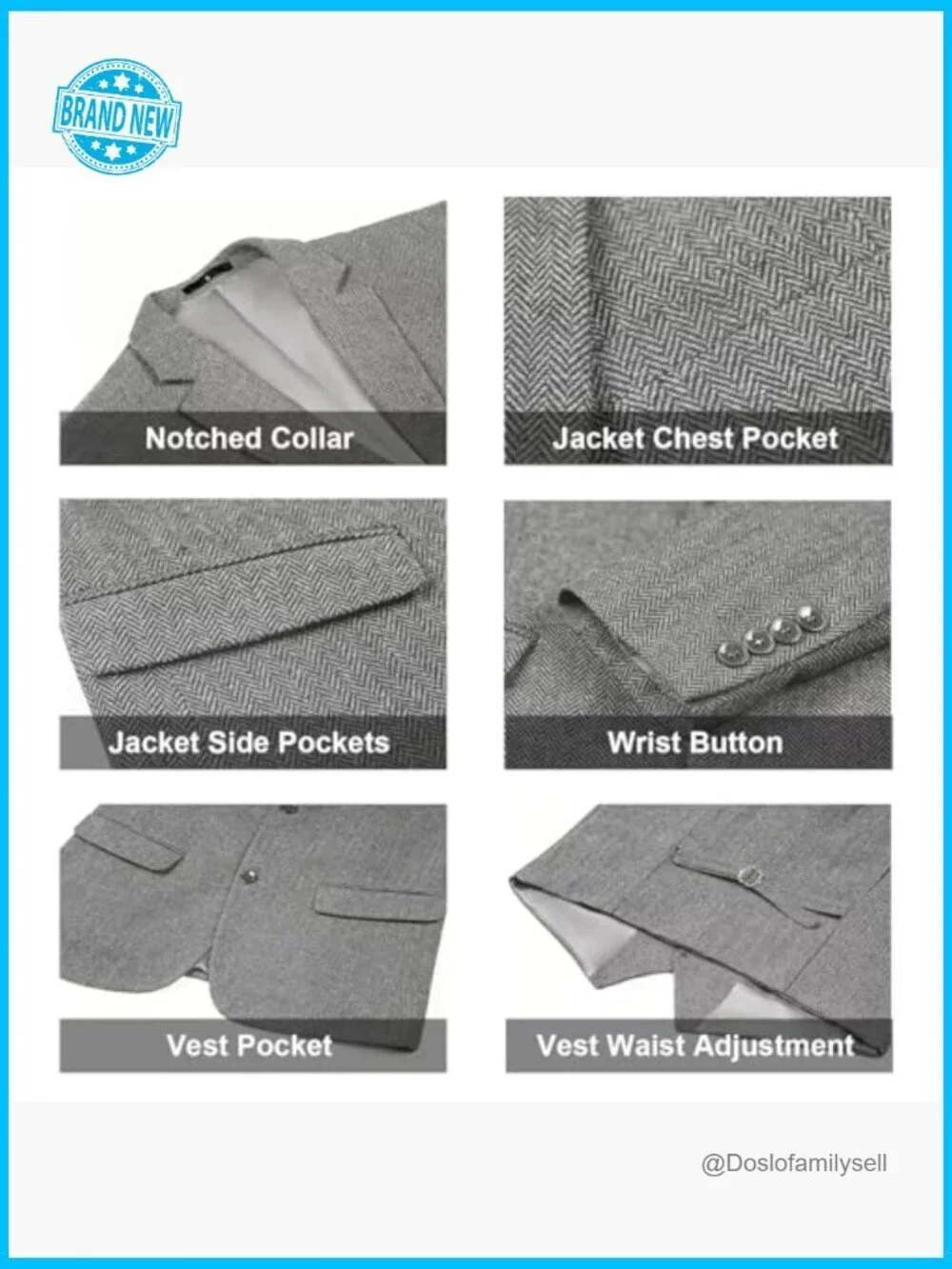 Retro Tweed Herringbone Men's Suit Slim Fit 3 Piece Set Blazer Vest Pants